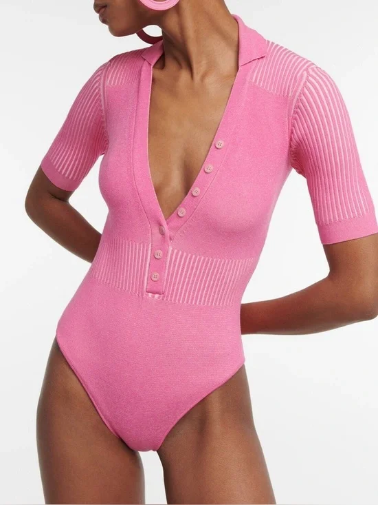 Jacquemus Le Body Yauco Polo Bodysuit Size S Pink Knit Buttons Stretch Barbie - Picture 1 of 11